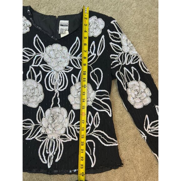 Vintage Leslie Fay Black Beaded Silk Sequin White Floral Formal Top NWT - Picture 13 of 15